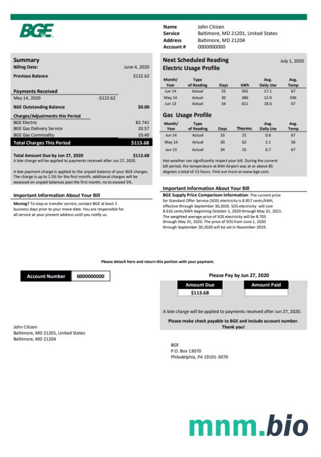 Szablon rachunku za gaz i energię elektryczną w USA Maryland BGE w formacie Word i PDF